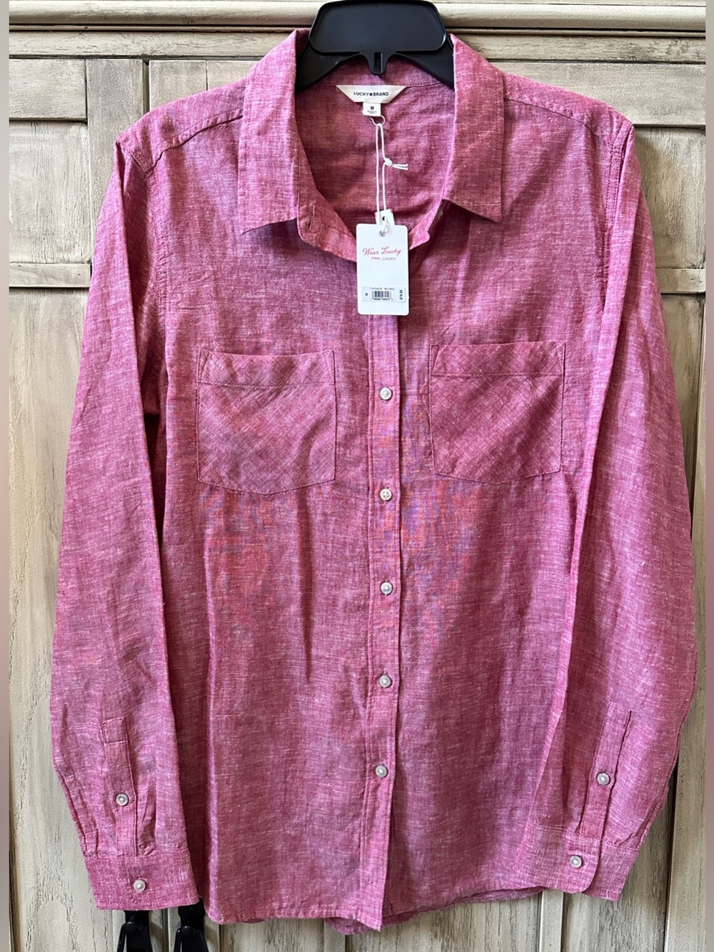 NWT Lucky Brand Women Pink Button Down Long Sleeve Shirt Boyfriend Medium M NEW